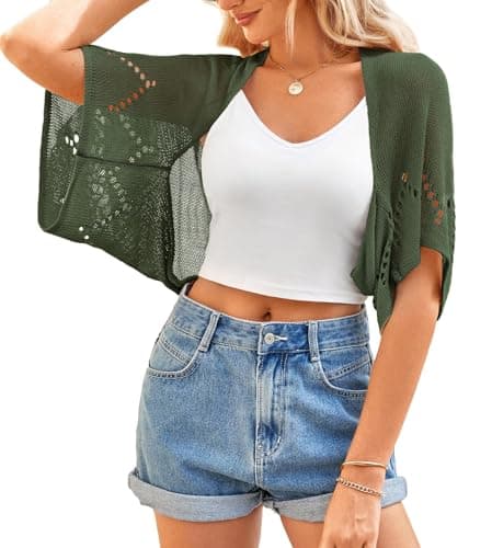 BB&KK Women Summer Shrug Sweaters Hollow-Out Batwing Short Sleeve Knit Tops Lightweight Crochet Bolero Cardigans Army Green L - Image 1
