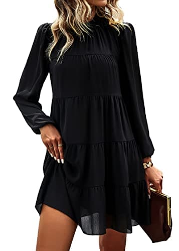 KIRUNDO Long Sleeve Baby Doll Dresses Women 2026 Casual Spring Summer Ruffle Mock Neck Tiered Mini Flowy Swing Shift Dress(Black, Medium) - Image 1