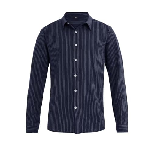 BAYAMO Men's Button-Down Striped Shirts Casual Long Sleeve Cotton Linen Collared Shirts Fashion Business Dress Shirt Navy 3XL - Thumbnail 4
