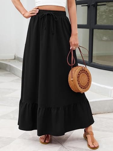 Heymoments Maxi Skirts for Women Black XX-Large High Waisted Flowy 2026 Fall Trendy A Line Summer Cute Pleated Dressy Casual Fairy Boho Teacher Holiday Beach Vacation Long Skorts with Pockets - Thumbnail 5