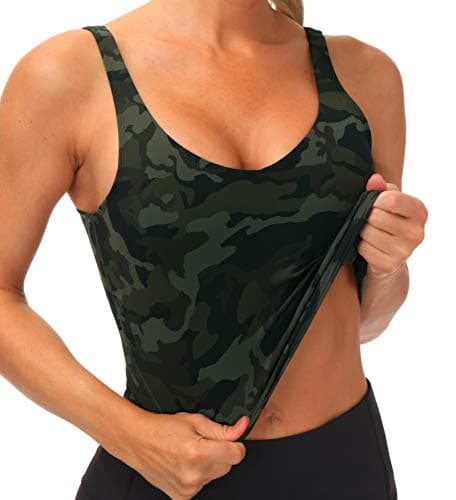 Women’s Longline Sports Bra Wirefree Padded Medium Support Yoga Bras Gym Running Workout Tank Tops Green Camo - Thumbnail 5