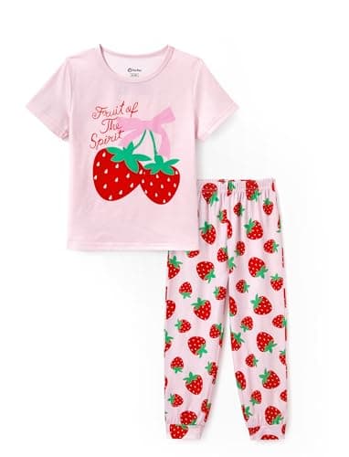PATPAT Pajama Set for Girls Fun Graphic Soft Short Sleeve Tee Top and Pants Pjs Relaxed 2-Piece Sleepwear Pink Strawberry 7 Year - Image 1