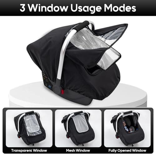 Waterproof Baby Car Seat Cover, Car Seat Rain Cover with Clear Window & Breathable Mesh, Universal Baby Carrier Cover with Support Rod to Prevent Collapse, Lightweight Weather Shield with Storage Bag - Thumbnail 4