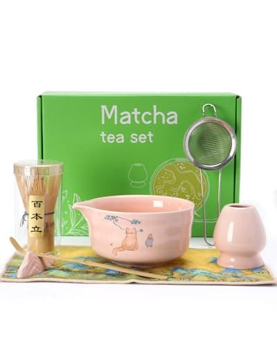Matcha Whisk Set, Ceramic Matcha Set Includes Matcha Bowl, Matcha Whisk and Holder, Bamboo Scoop, Scoop Rest, Sifter and Tea Towel - 7 Pcs Matcha Kit(Pink) - Image 1