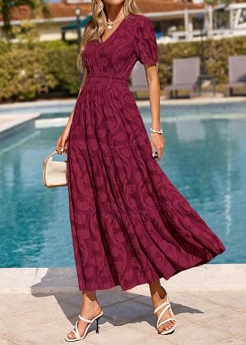 KIRUNDO Womens Boho Maxi Dress Summer Short Sleeve V Neck Floral Flowy A Line Formal Wedding Guest Baby Shower Long Dresses(Burgundy, Medium) - Thumbnail 3
