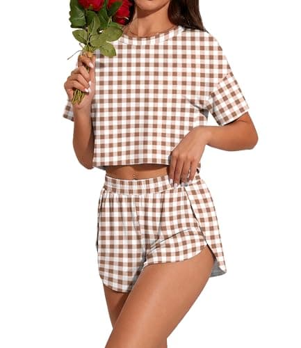 PrinStory Womens Pajama Sets Side Split Shorts Pj Set Cute Pjs 2 Piece Summer Lounge Sets FP-Brown White Plaid-L - Image 1