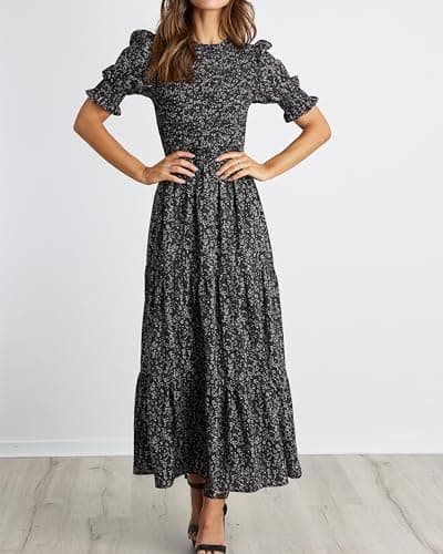 BTFBM Women Casual Summer Dresses 2026 Spring Crew Neck Ruffle Short Sleeve Smocked Floral Boho Flowy Maxi Dress Clothes(Floral Black White, Medium) - Thumbnail 3