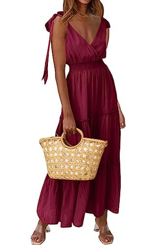 PRETTYGARDEN Women's Cross Neck Summer Sleeveless Tiered Maxi Dress Beach Tie Strap Smocked Long Dresses Pleated Sundress (Wine Red,Small) - Image 1