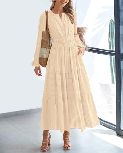 BTFBM Fall Dresses for Women 2026 Casual Long Sleeve V Neck Elastic Waist Lightweight Maxi Wedding Guest Dress Pockets(Apricot, Small) - Thumbnail 2