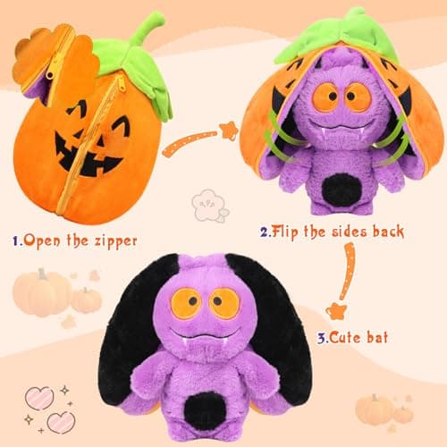 MIAODAM Bat Stuffed Animal, 11inch Reversible Pumpkin Bat Plush Pillow, Cute Plushies Toy Gift for Baby Toddler Girls Boys - Thumbnail 2