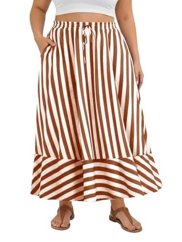 Beautife Women's Plus Size Striped Maxi Skirt Boho Drawstring Elastic Waist A Line Flowy Beach Long Skirts with Pockets Brown - Image 1