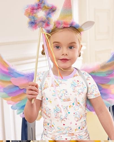 babee Reshinee Bamboo Viscose Toddler Unicorn Girls Kids Pajamas Short Sleeve Summer Cool Snug fit Pjs 18M-24M 2pcs - Thumbnail 2