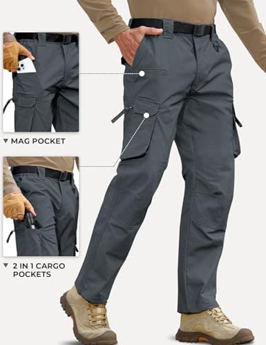 MOURCE Mens Tactical Pants Ripstop Waterproof - Elastic Waist Outdoor Work Hiking Pants Men with 10 Pockets, Grey - Thumbnail 4