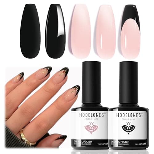 modelones French Tip Gel Nail Polish Set 2 Pcs 15ml Black and Milky Pink French Manicure Kit Sheer Pink Soak Off U V LED Jelly Base Color Gel Polish Nail Art Home DIY Gift for Women - Image 1