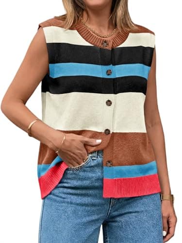 Tankaneo Womens Color Block Striped Sweater Vest Tops Summer Casual Button Up Knit Sleeveless Cardigan Tank Tops Beige - Image 1