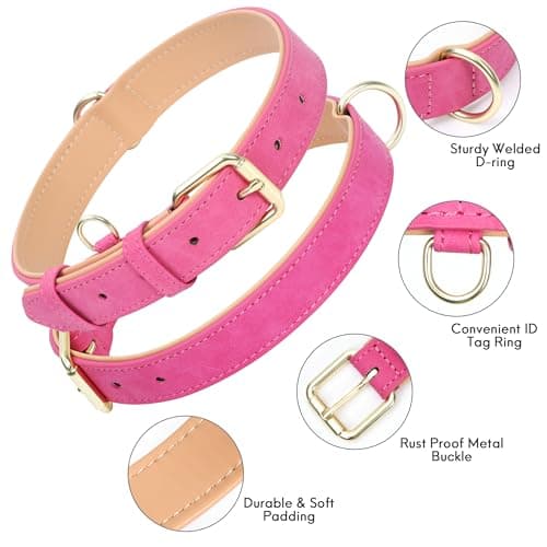 Jumpress Leather Dog Collar for Small Medium Large Dogs, Soft Padded Dog Leather Collar with Heavy Duty Gold Buckle, Durable & Comfortable for Puppy Dogs Daily Walking (Hot Pink, XS) - Thumbnail 2