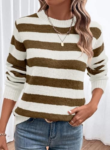 Dokotoo Womens Plus Size Sweaters Wool Crew Neck Striped Color Block Comfy Ribbed Knit Top Cute Christmas Casual Loose Chunky Long Pullover Sweater Oversized Jumper Tops Desert Palm XX-Large - Thumbnail 2