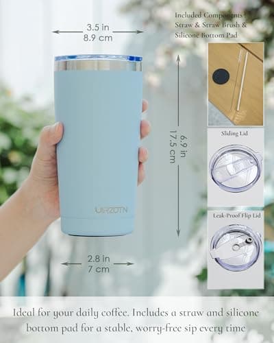 UIRZOTN Travel Coffee Tumbler 20oz, Leakproof Travel Coffee Mug with Dual Lids and Straw, Stainless Steel Double Wall Vacuum Insulated Tumbler for Hot/Iced Drinks (Light Blue, Textured Matte) - Thumbnail 2