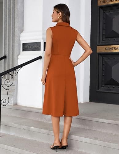 GRACE KARIN Summer Women Business Work Dress - Ruched Wrap V Neck Sleeveless Midi Orange M - Thumbnail 5