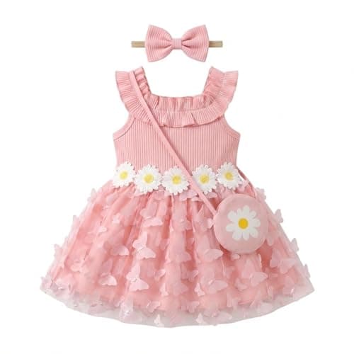 Infant Toddler Girl Summer Dress Boho Butterfly Floral Tulle Tutu Dress Set with Matching Bag & Bow, Sleeveless Ruffle Sun Dress for Beach & Photos Pink 9-12Months