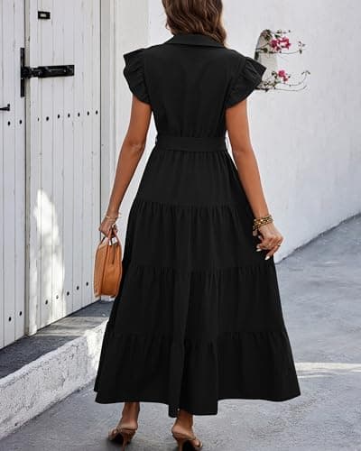 dowerme Women Summer Dress 2025 Cap Ruffle Sleeve V Neck Button Up High Waist Belted Tiered Boho Flowy Long Sun Dresses(Black,Medium) - Thumbnail 5
