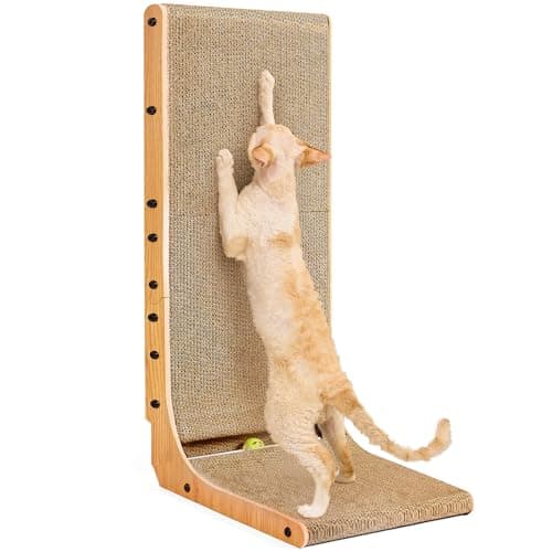 EHEYCIGA Cardboard Cat Scratcher for Indoor Cats, 32 Inch L Shaped Vertical Cat Scratching Board with Ball Cat Toy, Extra Large Cat Scratcher Pad, Brown - Image 1