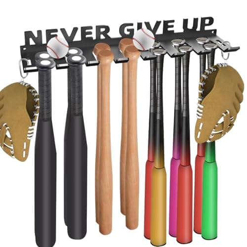 Sahans Baseball Bat Holder Wall Mount Softball Storage Hooks Metal Rack Hanger Fence on Wall Home and Field for Display Heavy Duty Steel Organizer Hanging Sports Equipment Holds 14 Bats Never Give UP - Image 1