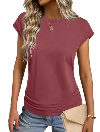 GKBK Womens T Shirts O Neck Short Cap Sleeve Cotton Tops Summer Ruched Trendy Basic Tee Shirt Wine Red L - Image 1