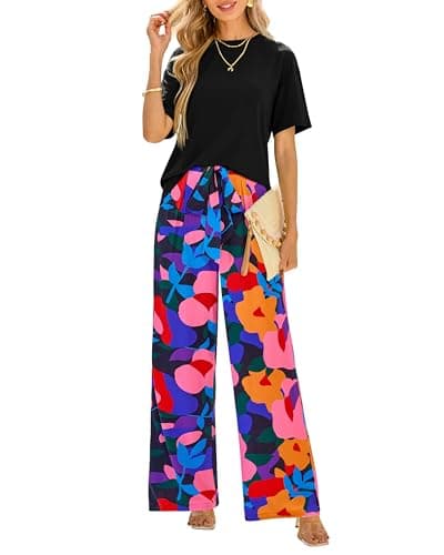 PRETTYGARDEN Women Summer 2 Piece Outfits 2026 Short Sleeve Knit Top Floral Print Belted Wide Leg Pant Sets With Pockets(Floral Black Multicolored,Large) - Image 1