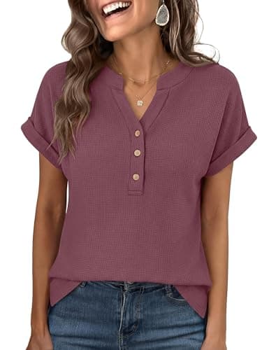 ANRABESS Women Short Sleeve Waffle Knit Henley Shirts Casual Loose Summer Top High Low Slit T-Shirts Vacation Clothes Mauve Medium - Image 1