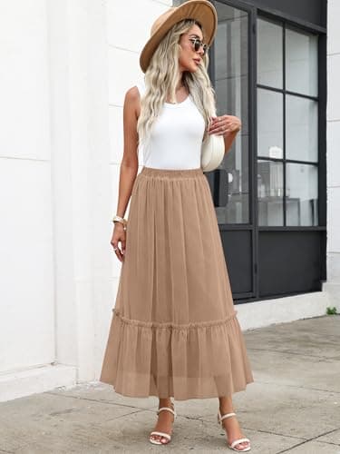ANRABESS Maxi Skirts for Women Tulle Long Tiered Elastic High Waisted A Line Flowy Dressy Casual Skirt 2026 Fall Trendy Nutmeg Small - Thumbnail 2