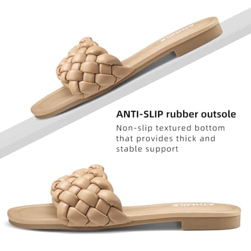 ATHMILE Braided Womens Sandals Round Open Toe Fashion Slide Sandals Women Dressy Summer Flat Beach Camel Size 10 - Thumbnail 3