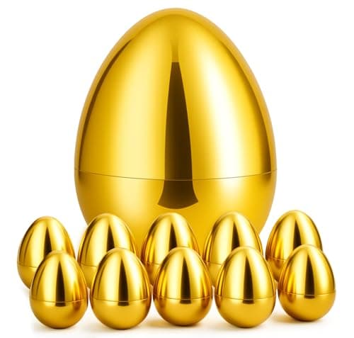 10" x 7" Jumbo Giant Golden Easter Eggs Large 1Pcs Includes 10Pcs 4.2"x3.1" Fillable Gold Eggs Plastic Empty for Easter Egg Hunt, Basket Stuffers, Party Favors & Holiday Decorations - Image 1