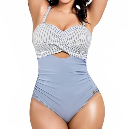 Popilush Swimsuit for Women Tummy Control - One Piece Bathing Suit with Removable Straps for Beach Sea Blue with Ivory-L - Image 1