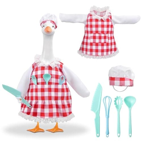 yuboo Chef Spring Porch Goose Outfit, Red and White Checkered Dress, Chef Hat & Cutlery 5 Set Porch Goose Clothes for 17'' Cement Statue, Fun Goose Costume for Garden Patio Statue Decor - Thumbnail 2