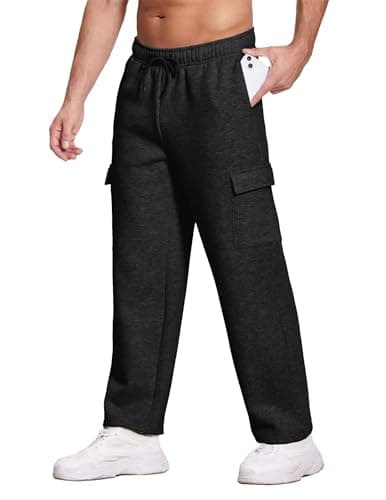 Deyeek Men's Fleece Sweatpants Open Bottom Cotton Sweat Pants for Men Straight Leg Sweatpants Cargo Fleece Pants with Pockets Black - Thumbnail 3
