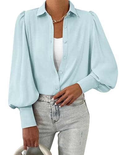 BTFBM Women Fashion Button Down Shirts 2026 V Neck Boho Printed Long Sleeve Blouses Dressy Casual Spring Fall Tops(Solid Light Blue, Large) - Thumbnail 3