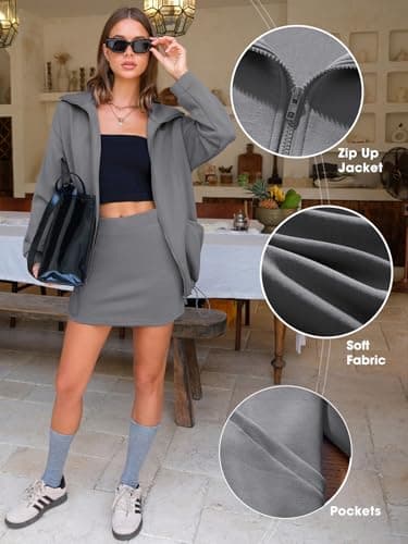 EXLURA Women 2 Piece Skirt Sets Airport Outfits Zip Up Sweatshirt Matching Skorts Tennis Sweatsuits Travel Tracksuit 2026 - Thumbnail 4