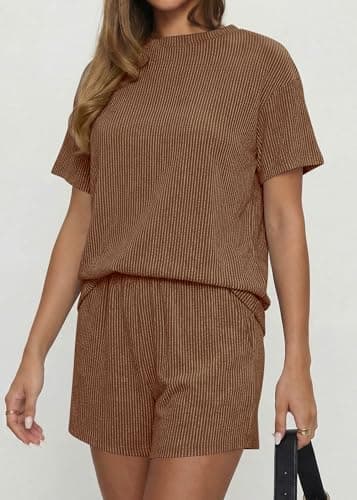 KIRUNDO 2 Piece Sets for Women Summer Shorts Lounge Set Matching Ribbed Knit Short Sleeve Top Airport Travel Vacation Outfits(Brown, X-Large) - Thumbnail 6