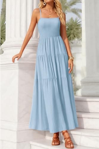 Okiwam Women's Summer Dress 2026 Casual Boho Sleeveless Spaghetti Strap Smocked Maxi Dress Ruffle Long Beach Sundresses-L Blue - Thumbnail 6