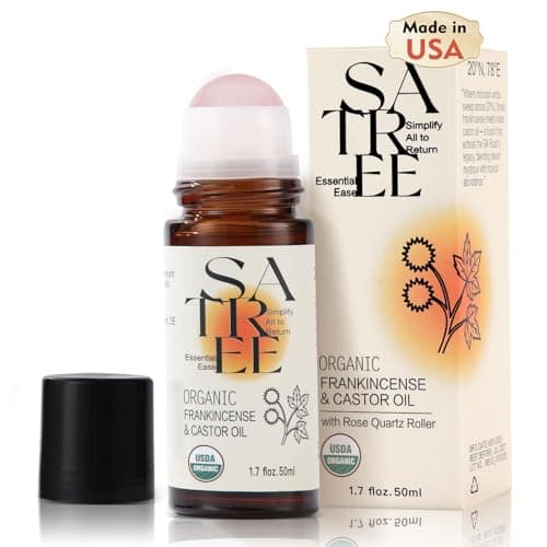 SATREE Organic Castor & Frankincense Oil with Rose Quartz Rollerball - USDA Certified Essential Blend Oil Roll-On, for Face & Body, Anti-Aging, Dark Circles (1.7fl oz) - Image 1