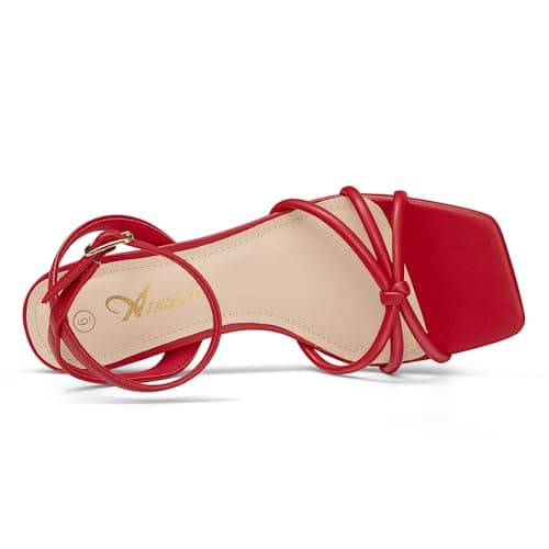 Athlefit Kitten Heels for Women Red Square Open Toe Strappy Low Heels Ankle Strap Summer Sexy Party Dress Sandals Size 7.5 - Thumbnail 5