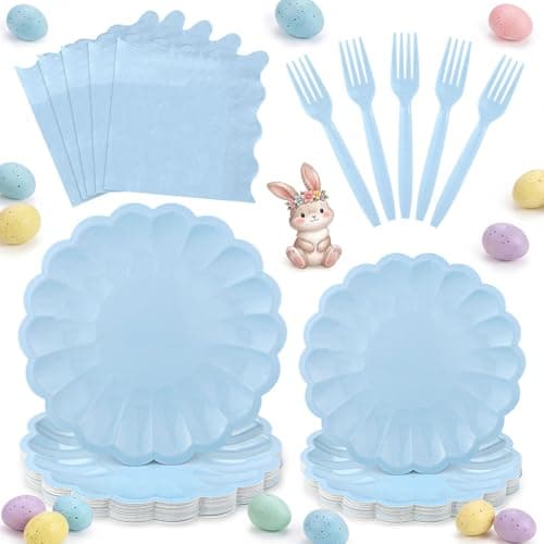 96 Pcs Light Blue Paper Plates and Napkins Blue Party Supplies Serve 24 Guests Include Scalloped Easter Plates Napkins Plastic Forks for Boy Baby Shower Bridal Shower Wedding Birthday - Image 1