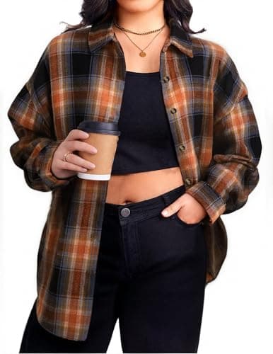 BLANCHES Plus Size Flannel Shirts for Women Lightweight Plaid Shirt Button Down Blouses Casual Boyfriend Shacket Sandy Brown - Image 1