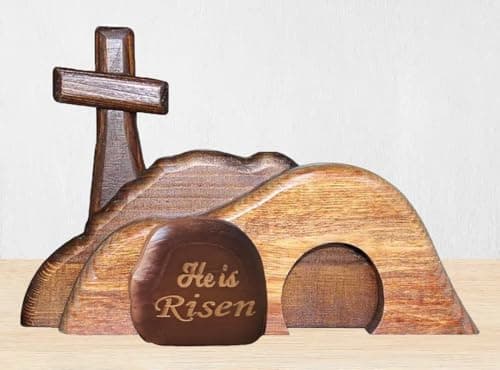 Empty Tomb Easter Scene and Cross Decorations, He is Risen Jesus Resurrection Decor Wooden Easter Tray Resurrection Scene Set for Christian Home Table Decor Easter Gifts - Image 1