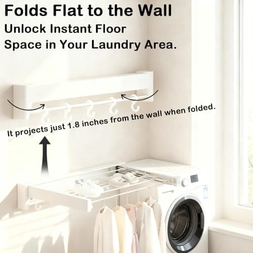 UBVIF Wall Mounted Clothes Drying Rack 27 inches,Foldbale Laundry Drying Rack 6 Rods,Hidden Drying Rack Clothing,Retractable,Collapsible,Screws Needed Folding Laundry Rack (White, Medium) - Thumbnail 5