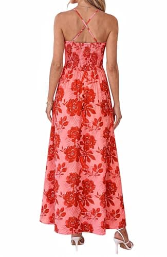 BTFBM Summer Dresses for Women 2026 Spring Floral Spaghetti Strap Smocked Cutout Maxi Dress Resort Beach Vacation Outfit(Floral Watermelon Red, X-Large) - Thumbnail 3