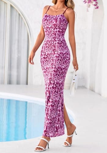 BTFBM Womens Maxi Dress 2026 Spring Floral Sexy Spaghetti Straps Sleeveless Bodycon Summer Beach Wedding Guest Dresses(Dark Purple Print, Large) - Thumbnail 4