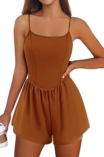 Ekouaer Womens Summer Sleeveless Workout Rompers Athletic Jumpsuit Double Lined Shorts One Piece Gym Yoga Clothes Brown - Image 1