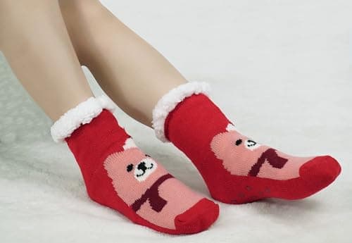 BenSorts Girls Slipper Fuzzy Socks Non-Slip Kids Boys Fleece Lined Warm Winter Child Home Cute Socks Red Bear 8 9 10 11 12 Years - Thumbnail 2